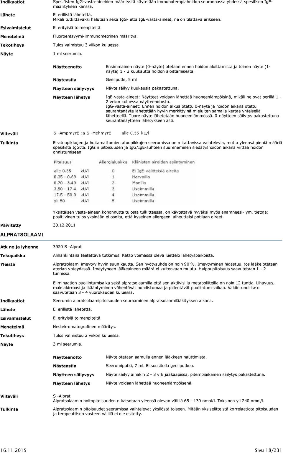 Ensimmäinen näyte (0-näyte) otetaan ennen hoidon aloittamista ja toinen näyte (1- näyte) 1-2 kuukautta hoidon aloittamisesta. astia Geeliputki, 5 ml säilyy kuukausia pakastettuna.