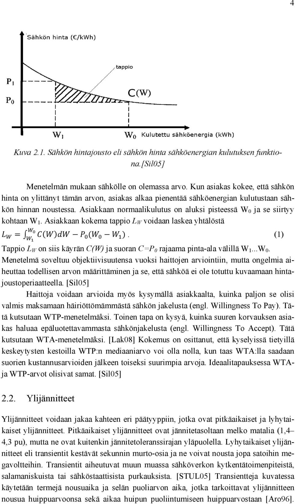 Asiakkaan normaalikulutus on aluksi pisteessä W 0 ja se siirtyy kohtaan W 1. Asiakkaan kokema tappio L W voidaan laskea yhtälöstä.