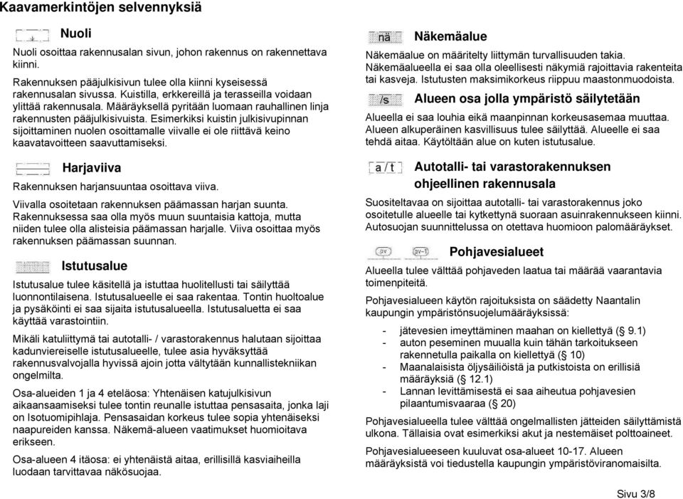 Esimerkiksi kuistin julkisivupinnan sijoittaminen nuolen osoittamalle viivalle ei ole riittävä keino kaavatavoitteen saavuttamiseksi. Harjaviiva Rakennuksen harjansuuntaa osoittava viiva.