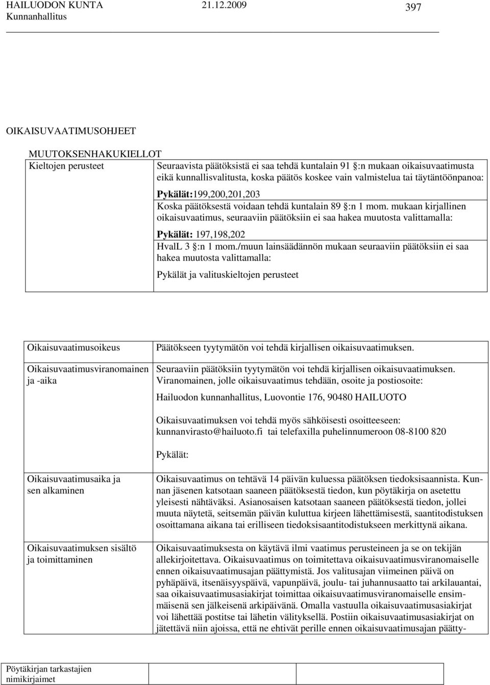 mukaan kirjallinen oikaisuvaatimus, seuraaviin päätöksiin ei saa hakea muutosta valittamalla: Pykälät: 197,198,202 HvalL 3 :n 1 mom.