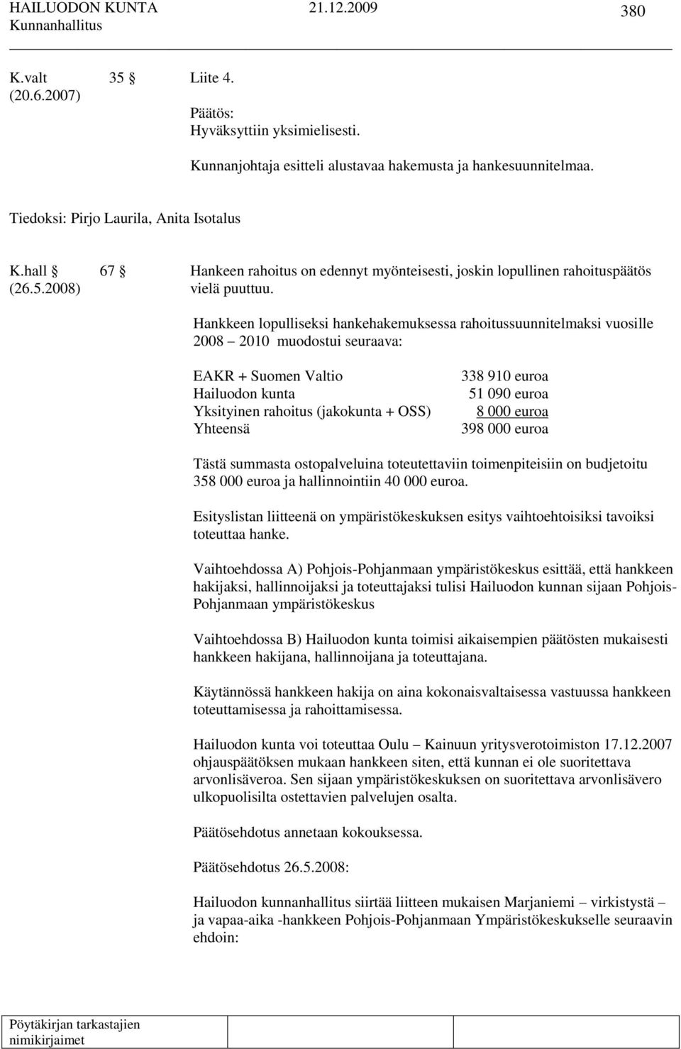 Hankkeen lopulliseksi hankehakemuksessa rahoitussuunnitelmaksi vuosille 2008 2010 muodostui seuraava: EAKR + Suomen Valtio Hailuodon kunta Yksityinen rahoitus (jakokunta + OSS) Yhteensä 338 910 euroa