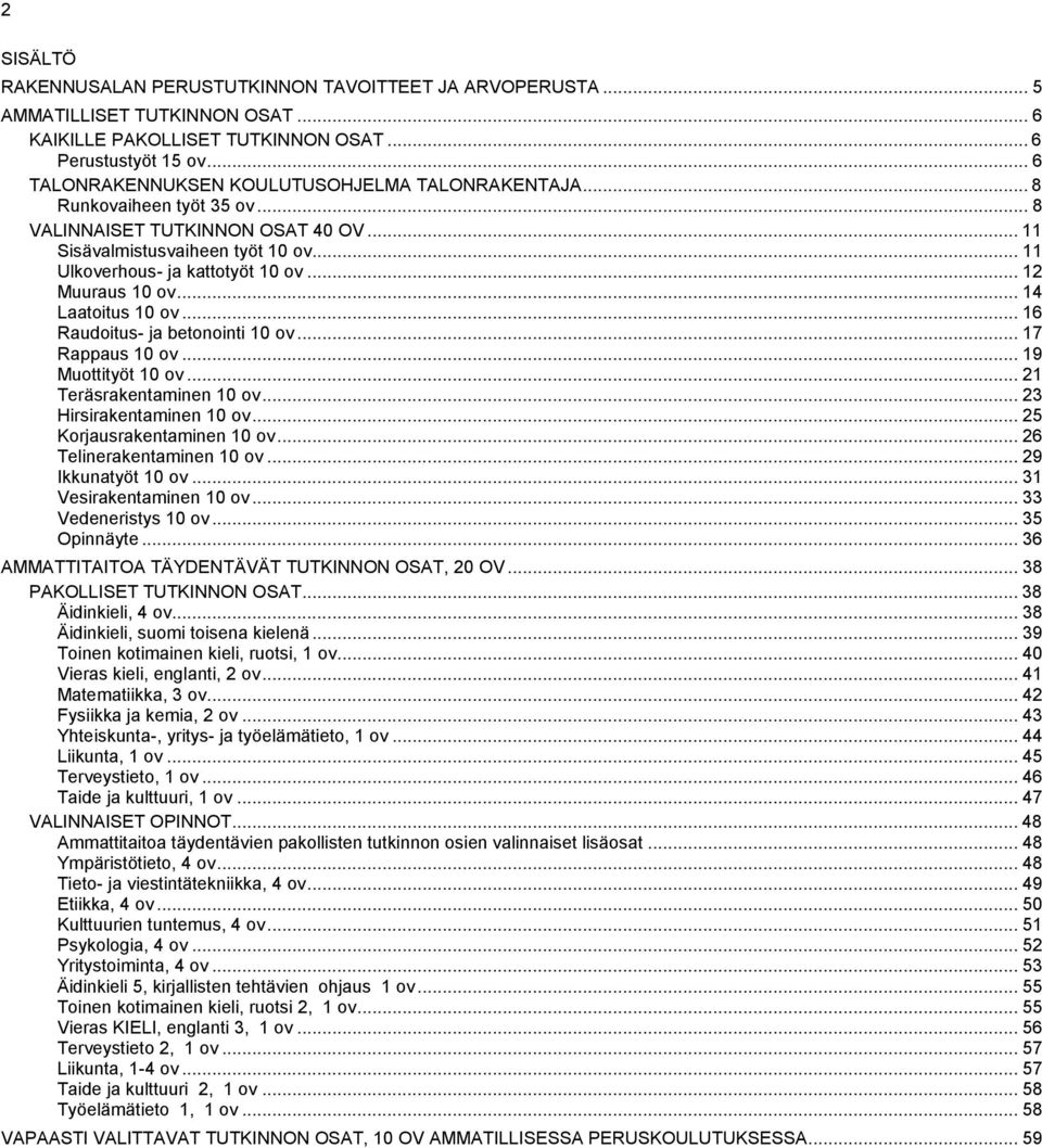 .. 12 Muuraus 10 ov... 14 Laatoitus 10 ov... 16 Raudoitus- ja betonointi 10 ov... 17 Rappaus 10 ov... 19 Muottityöt 10 ov... 21 Teräsrakentaminen 10 ov... 23 Hirsirakentaminen 10 ov.