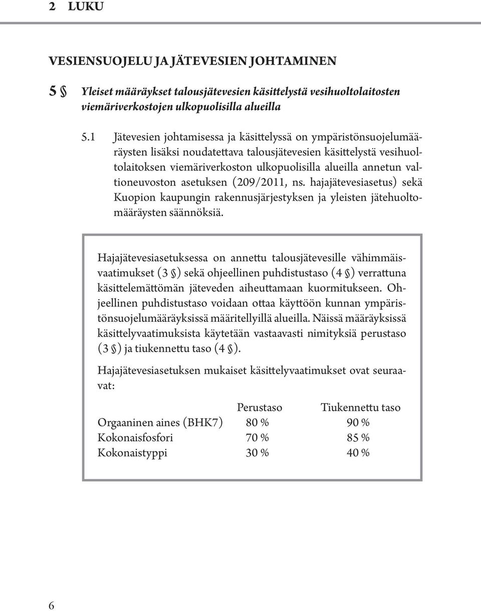 valtioneuvoston asetuksen (209/2011, ns. hajajätevesiasetus) sekä Kuopion kaupungin rakennusjärjestyksen ja yleisten jätehuoltomääräysten säännöksiä.