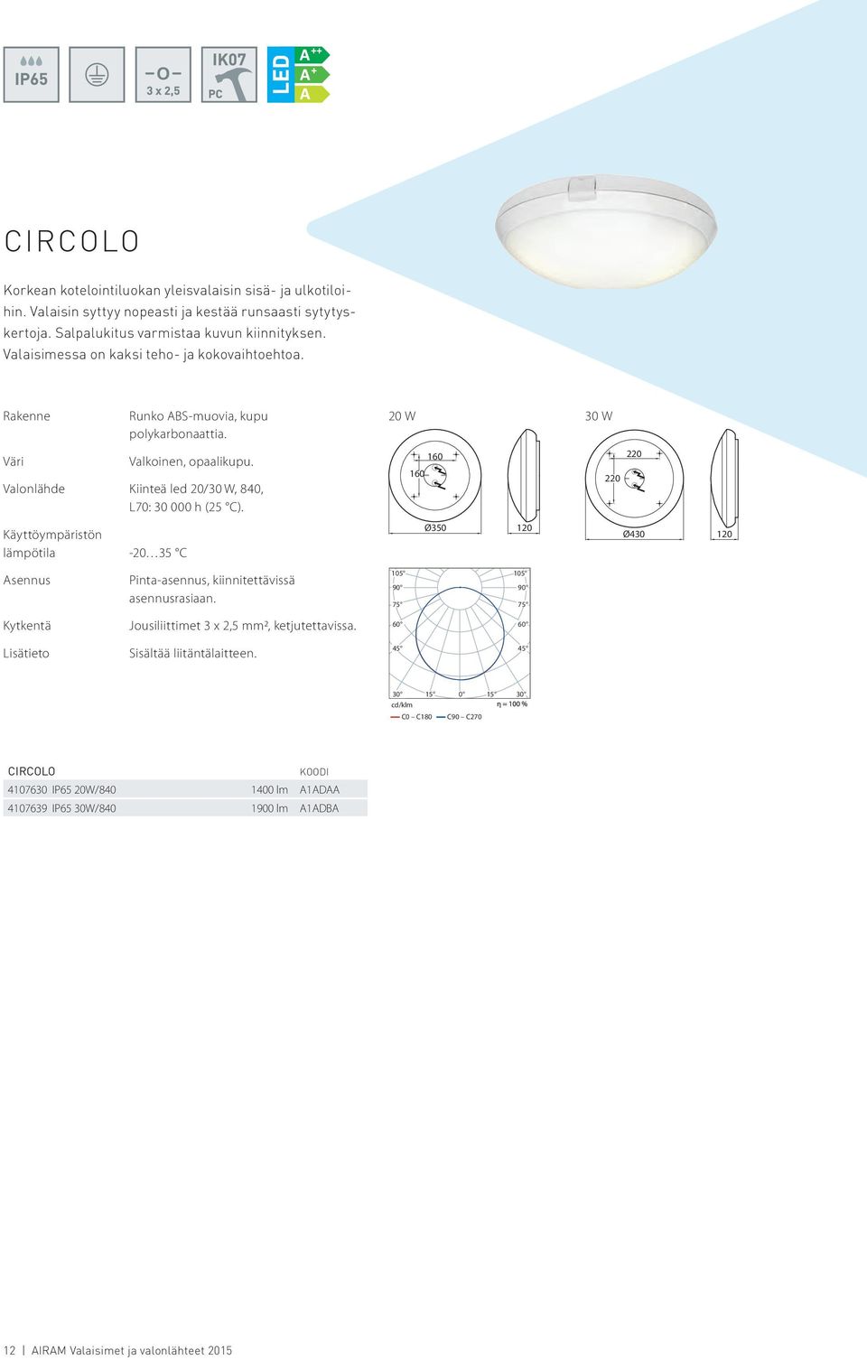 Valonlähde Kiinteä led 20/30 W, 840, L70: 30 000 h (25 C). 1 1 220 220 lämpötila -20 35 C Ø350 Ø430 Pinta-asennus, kiinnitettävissä asennusrasiaan.