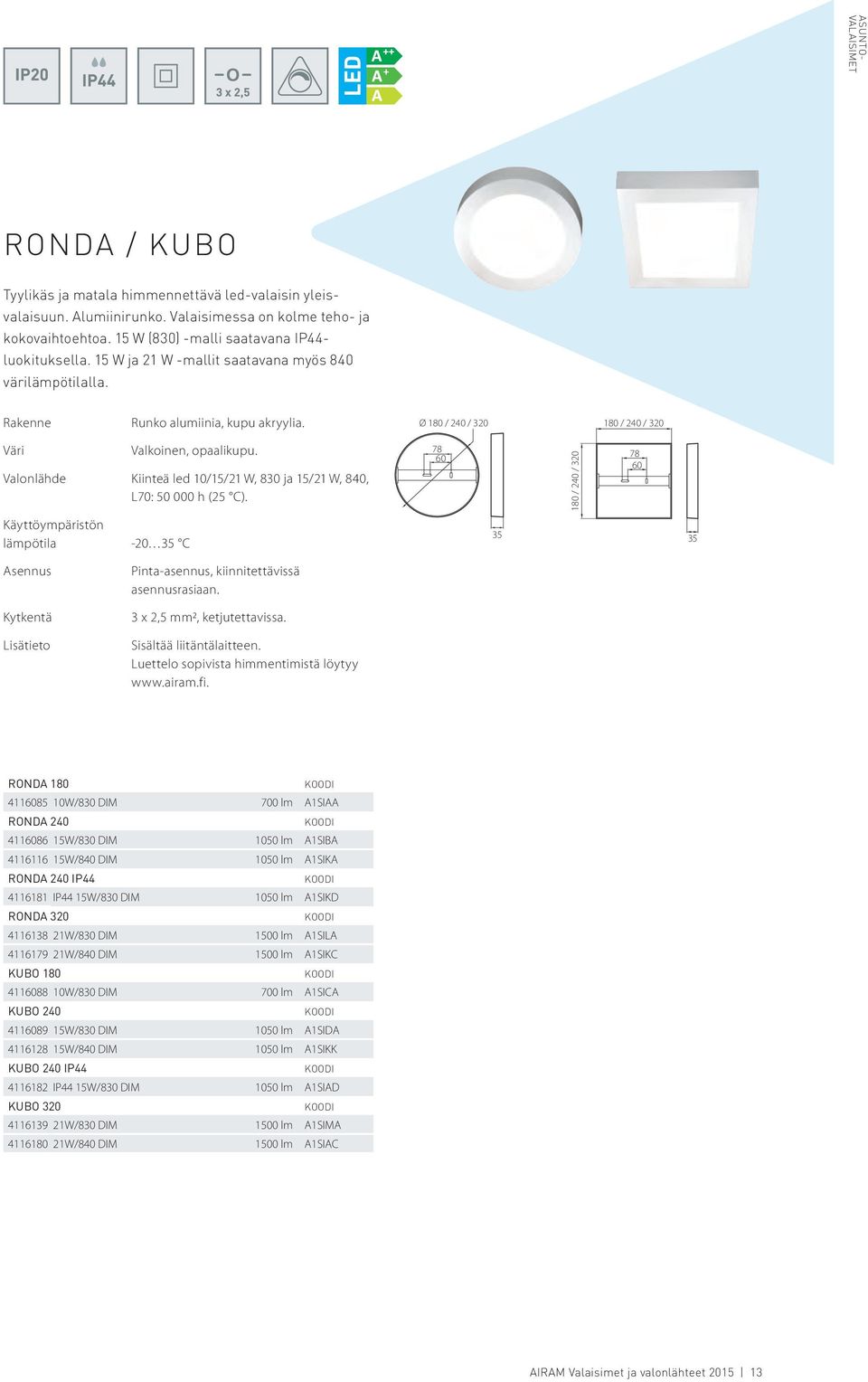 Valonlähde Kiinteä led 10/15/21 W, 830 ja 15/21 W, 840, L70: 50 000 h (25 C). 78 180 / 240 / 320 78 lämpötila -20 35 C 35 35 Lisätieto Pinta-asennus, kiinnitettävissä asennusrasiaan.