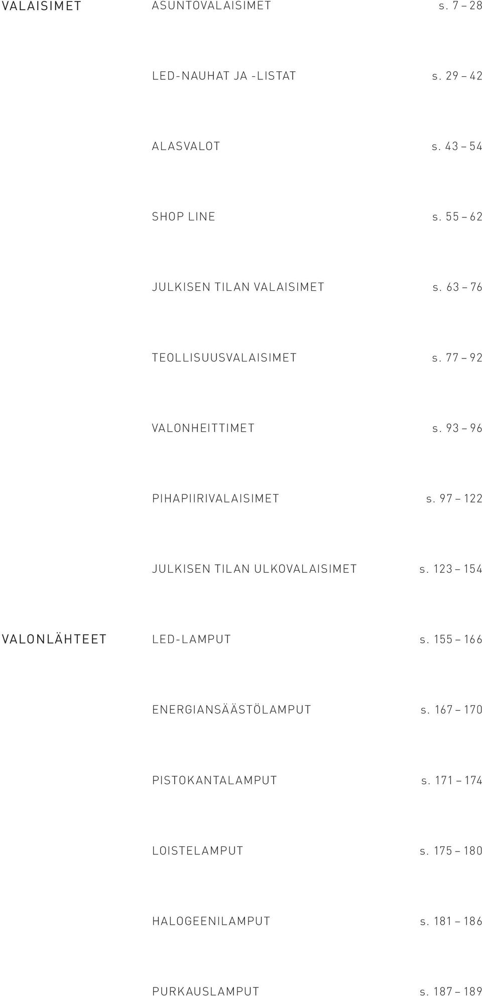 93 96 PIHAPIIRIVALAISIMET s. 97 122 JULKISEN TILAN ULKOVALAISIMET s. 123 154 VALONLÄHTEET LED-LAMPUT s.