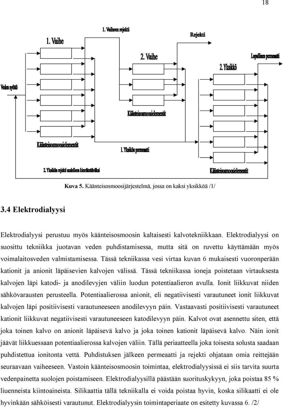 Tässä tekniikassa vesi virtaa kuvan 6 mukaisesti vuoronperään kationit ja anionit läpäisevien kalvojen välissä.