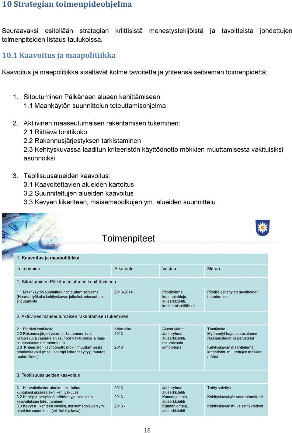 1 Maankäytön suunnittelun toteuttamisohjelma 2. Aktiivinen maaseutumaisen rakentamisen tukeminen: 2.1 Riittävä tonttikoko 2.2 Rakennusjärjestyksen tarkistaminen 2.