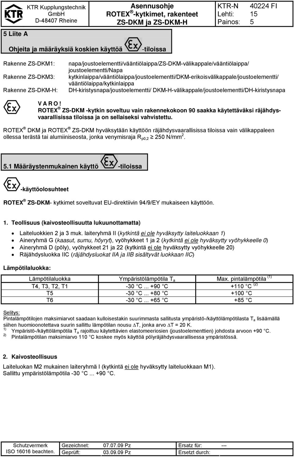 ROTEX ZS-DKM -kytkin soveltuu vain rakennekokoon 90 saakka käytettäväksi räjähdysvaarallisissa tiloissa ja on sellaiseksi vahvistettu.