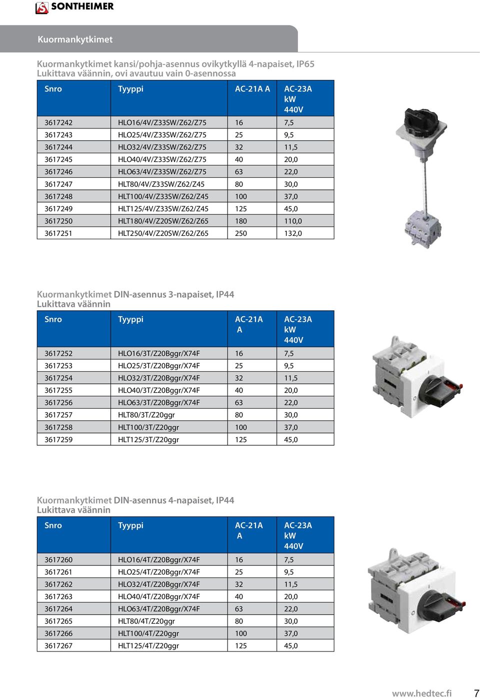 HLT5/4V/Z33SW/Z6/Z45 5 45, 3675 HLT8/4V/ZSW/Z6/Z65 8, 3675 HLT5/4V/ZSW/Z6/Z65 5 3, Kuormankytkimet DIN-asennus 3-napaiset, IP44 Lukittava väännin Snro Tyyppi C- C-3 44V 3675 HLO6/3T/ZBggr/X74F 6 7,5