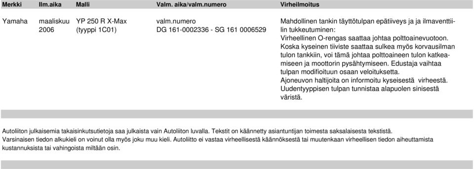 Koska kyseinen tiiviste saattaa sulkea myös korvausilman tulon tankkiin, voi tämä johtaa polttoaineen tulon katkeamiseen ja moottorin pysähtymiseen.