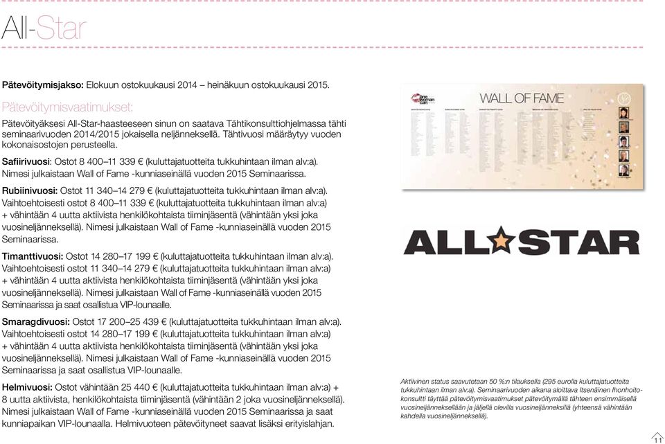 Tähtivuosi määräytyy vuoden kokonaisostojen perusteella. Safiirivuosi: Ostot 8 400 11 339 (kuluttajatuotteita tukkuhintaan ilman alv:a).