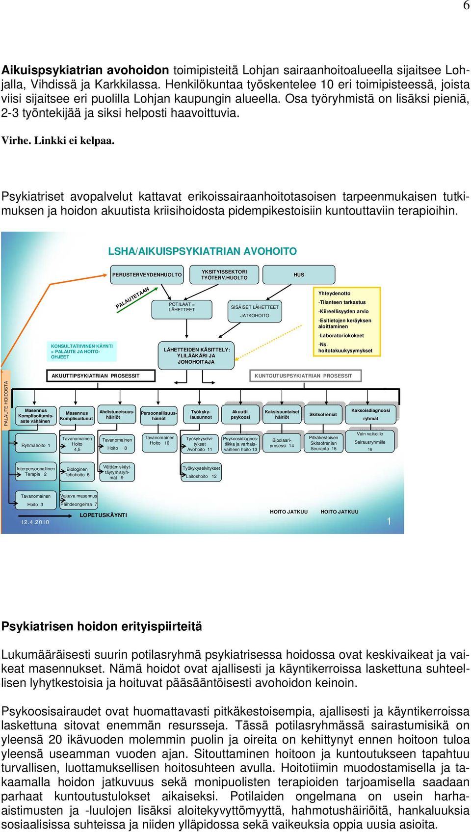 Virhe. Linkki ei kelpaa. Psykiatriset avopalvelut kattavat erikoissairaanhoitotasoisen tarpeenmukaisen tutkimuksen ja hoidon akuutista kriisihoidosta pidempikestoisiin kuntouttaviin terapioihin.