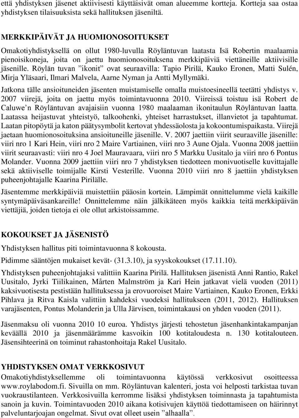 aktiivisille jäsenille. Röylän tuvan ikonit ovat seuraavilla: Tapio Pirilä, Kauko Eronen, Matti Sulén, Mirja Yläsaari, Ilmari Malvela, Aarne Nyman ja Antti Myllymäki.