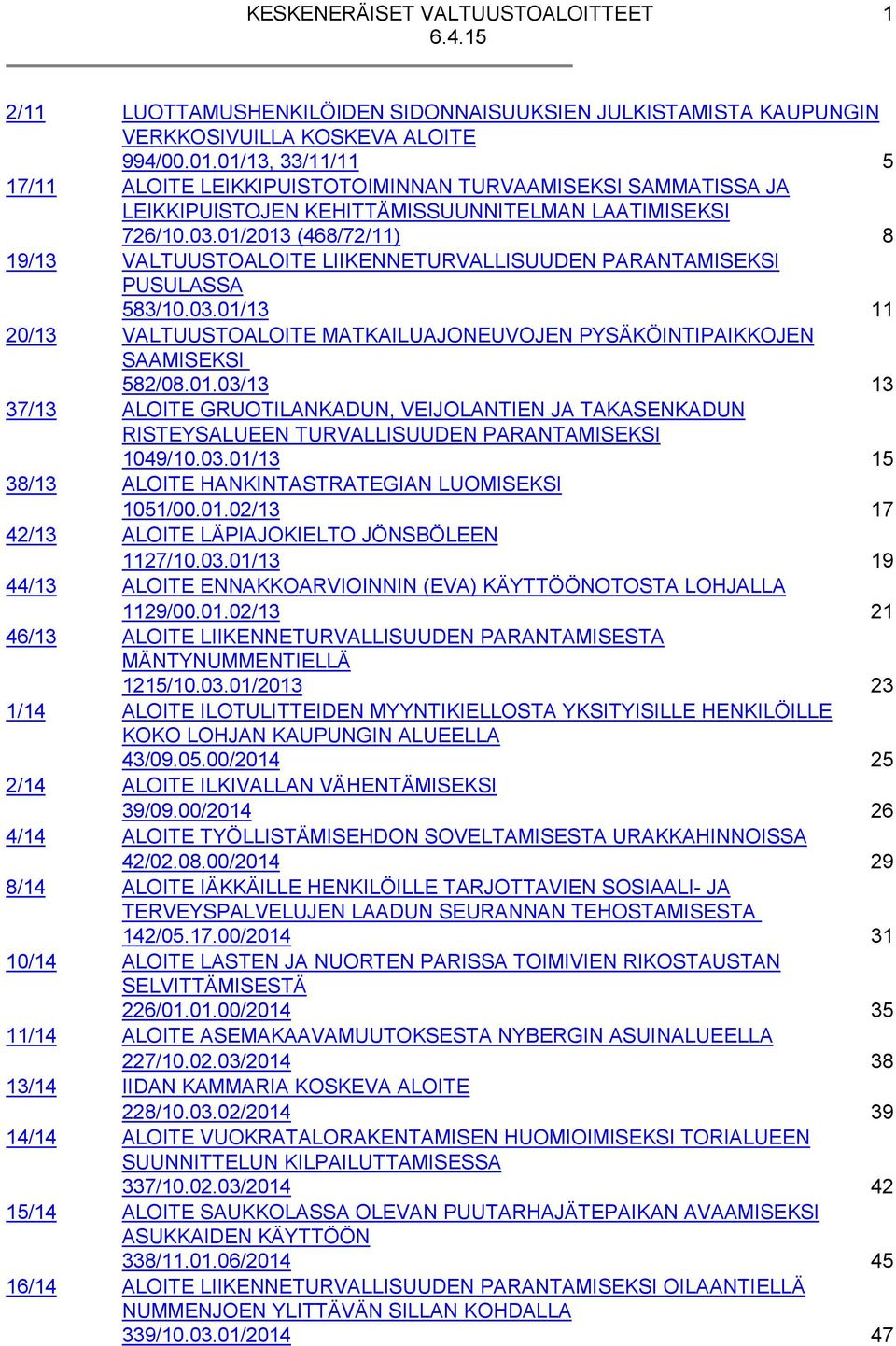01/2013 (468/72/11) 8 19/13 VALTUUSTOALOITE LIIKENNETURVALLISUUDEN PARANTAMISEKSI PUSULASSA 583/10.03.01/13 11 20/13 VALTUUSTOALOITE MATKAILUAJONEUVOJEN PYSÄKÖINTIPAIKKOJEN SAAMISEKSI 582/08.01.03/13 13 37/13 ALOITE GRUOTILANKADUN, VEIJOLANTIEN JA TAKASENKADUN RISTEYSALUEEN TURVALLISUUDEN PARANTAMISEKSI 1049/10.