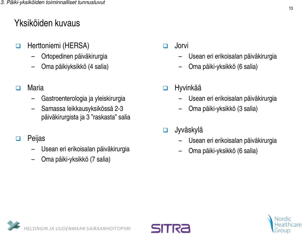 Usean eri erikoisalan päiväkirurgia Samassa leikkausyksikössä 2-3 päiväkirurgista ja 3 raskasta salia Oma päiki-yksikkö (3 salia)