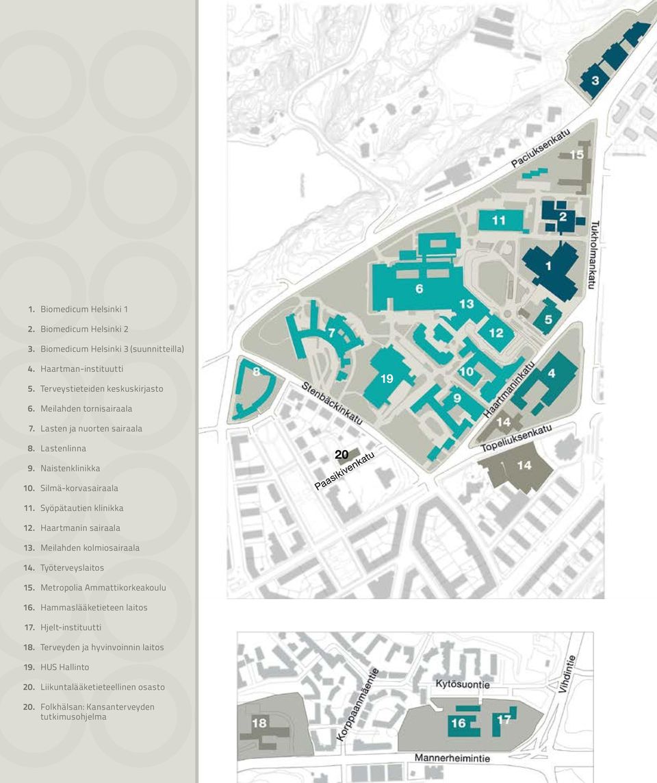 Silmä-korvasairaala 20 Paasikivenkatu 11. Syöpätautien klinikka 12. Haartmanin sairaala 13. Meilahden kolmiosairaala 14. Työterveyslaitos 15.