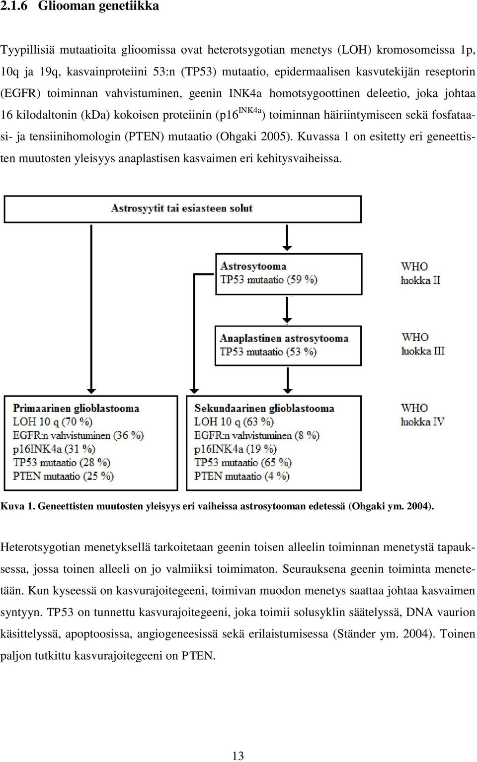 tensiinihomologin (PTEN) mutaatio (Ohgaki 2005). Kuvassa 1 on esitetty eri geneettisten muutosten yleisyys anaplastisen kasvaimen eri kehitysvaiheissa. Kuva 1.