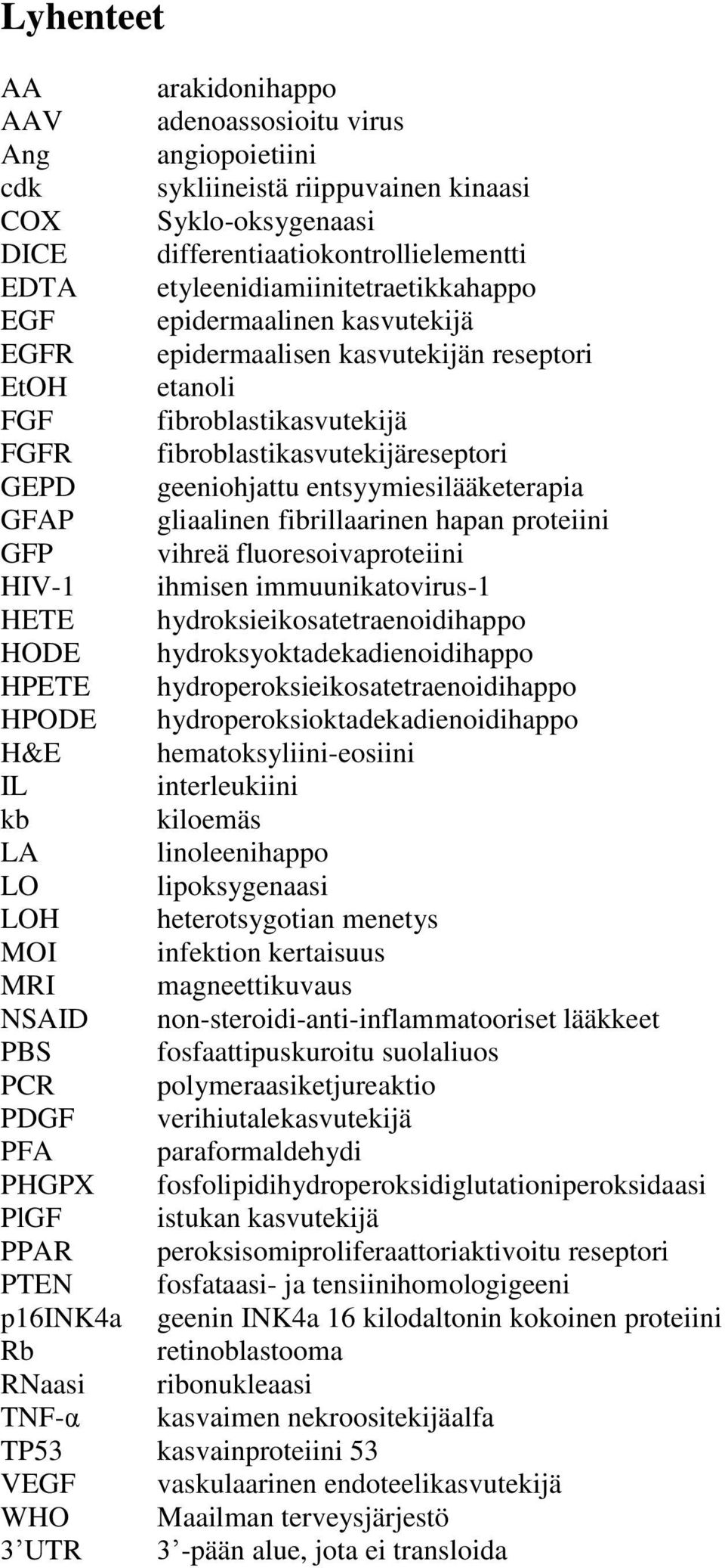geeniohjattu entsyymiesilääketerapia GFAP gliaalinen fibrillaarinen hapan proteiini GFP vihreä fluoresoivaproteiini HIV-1 ihmisen immuunikatovirus-1 HETE hydroksieikosatetraenoidihappo HODE