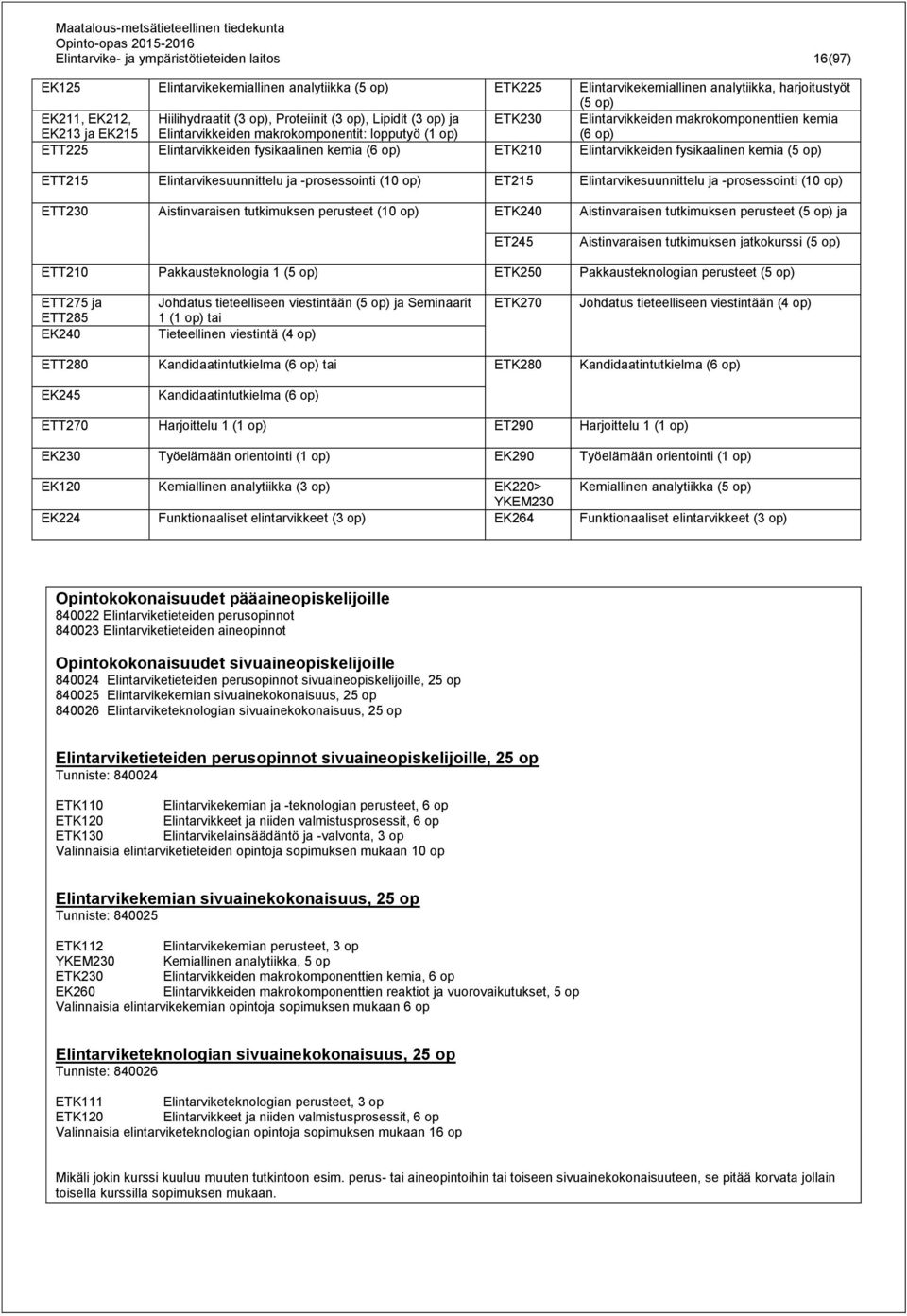 fysikaalinen kemia (6 op) ETK210 Elintarvikkeiden fysikaalinen kemia (5 op) ETT215 Elintarvikesuunnittelu ja -prosessointi (10 op) ET215 Elintarvikesuunnittelu ja -prosessointi (10 op) ETT230