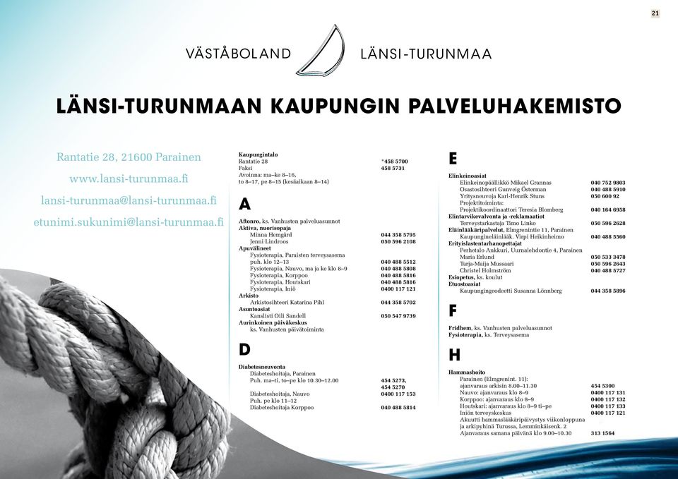 Vanhusten palveluasunnot Aktiva, nuorisopaja Minna Hemgård 044 358 5795 Jenni Lindroos 050 596 2108 Apuvälineet Fysioterapia, Paraisten terveysasema puh.