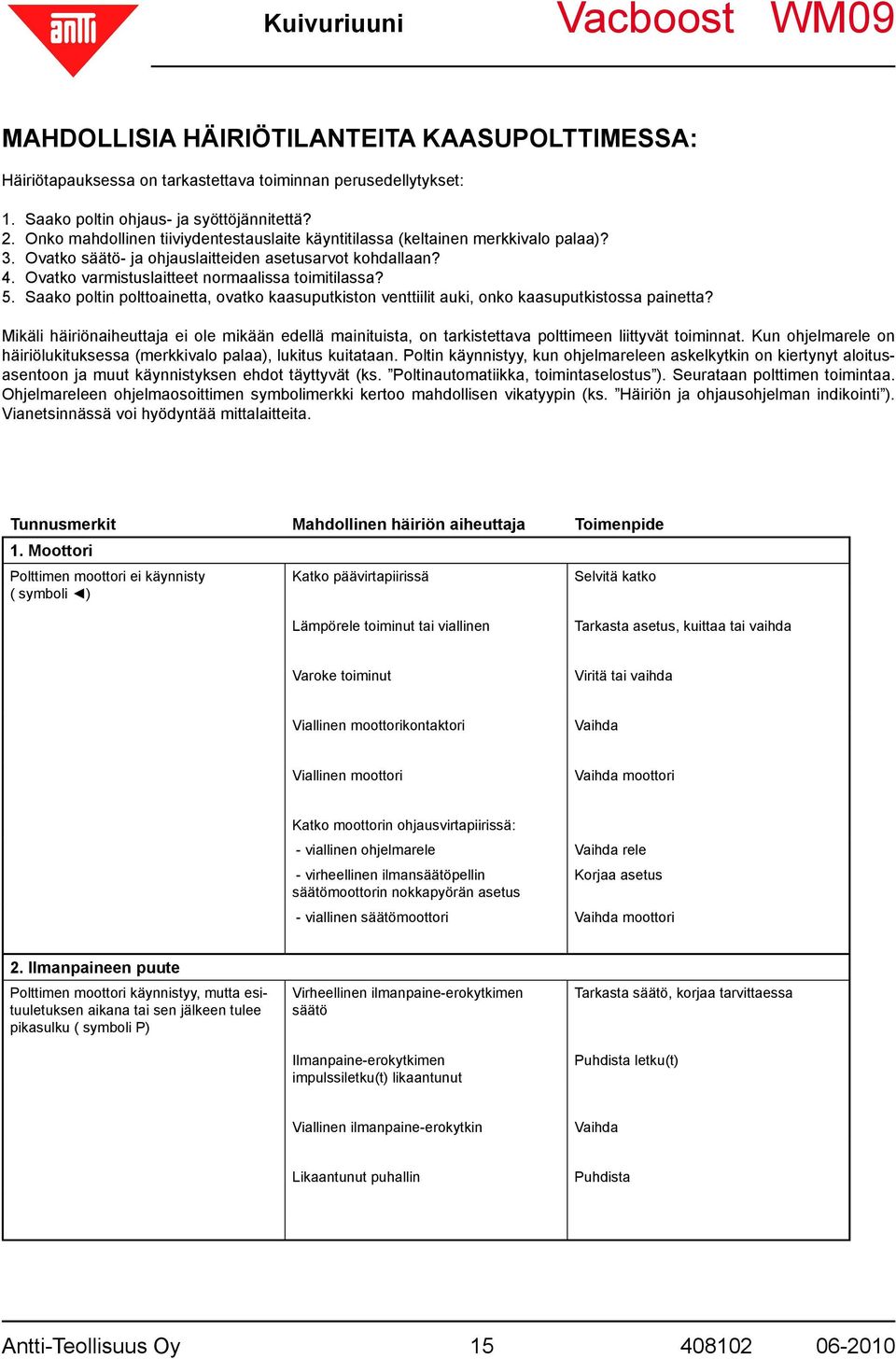 Saako poltin polttoainetta, ovatko kaasuputkiston venttiilit auki, onko kaasuputkistossa painetta?