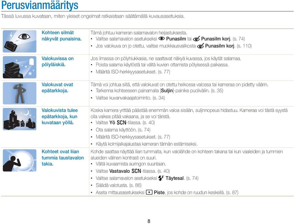 Valitse salamavalon asetukseksi Punasilm tai Punasilm korj. (s. 74) Jos valokuva on jo otettu, valitse muokkausvalikosta Punasilm korj. (s. 110) Jos ilmassa on pölyhiukkasia, ne saattavat näkyä kuvassa, jos käytät salamaa.