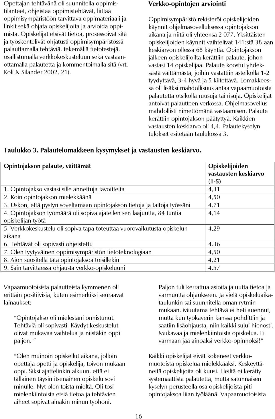 palautetta ja kommentoimalla sitä (vrt. Koli & Silander 2002, 21).