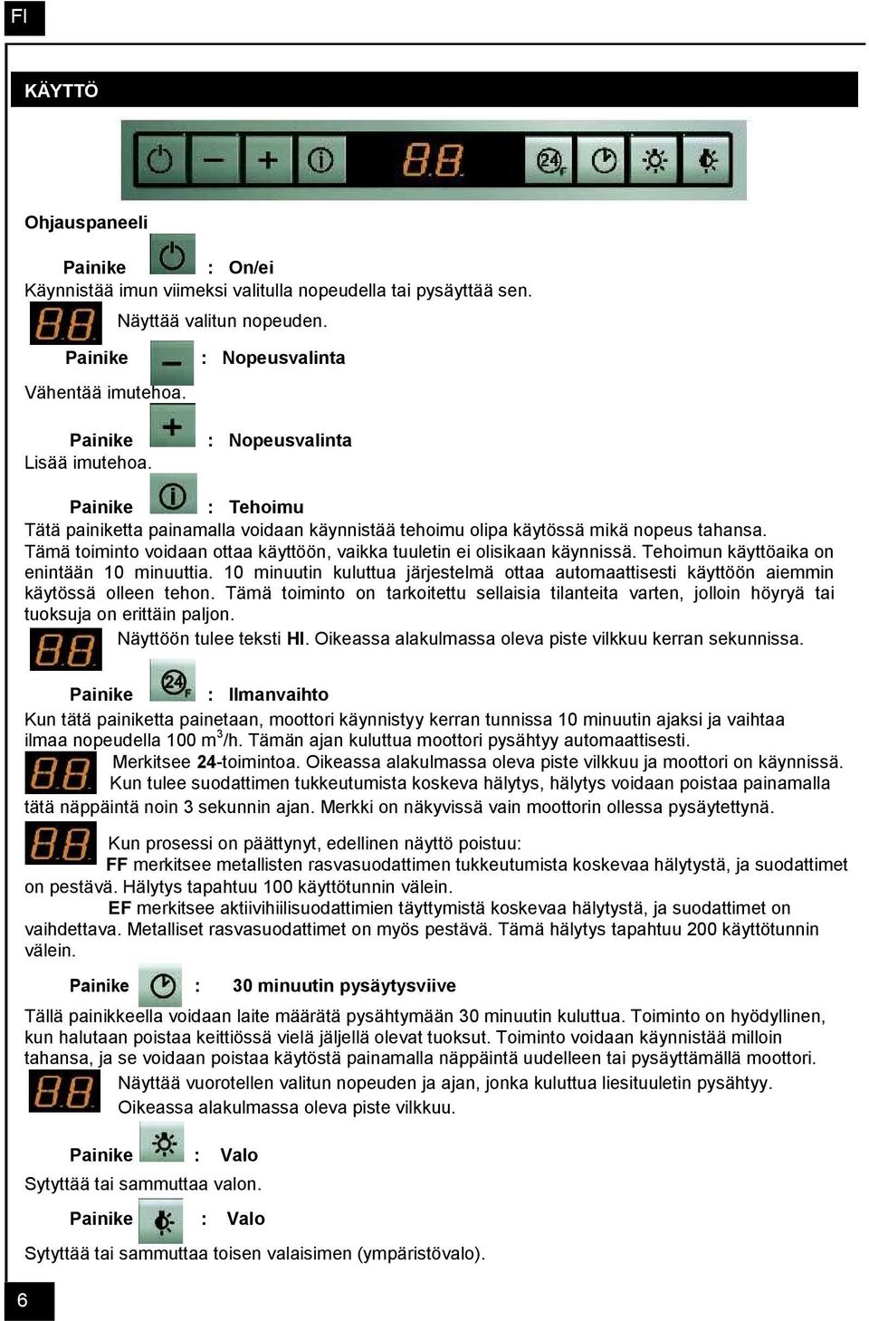 Tämä toiminto voidaan ottaa käyttöön, vaikka tuuletin ei olisikaan käynnissä. Tehoimun käyttöaika on enintään 10 minuuttia.