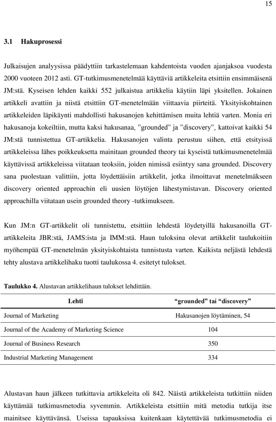 Jokainen artikkeli avattiin ja niistä etsittiin GT-menetelmään viittaavia piirteitä. Yksityiskohtainen artikkeleiden läpikäynti mahdollisti hakusanojen kehittämisen muita lehtiä varten.