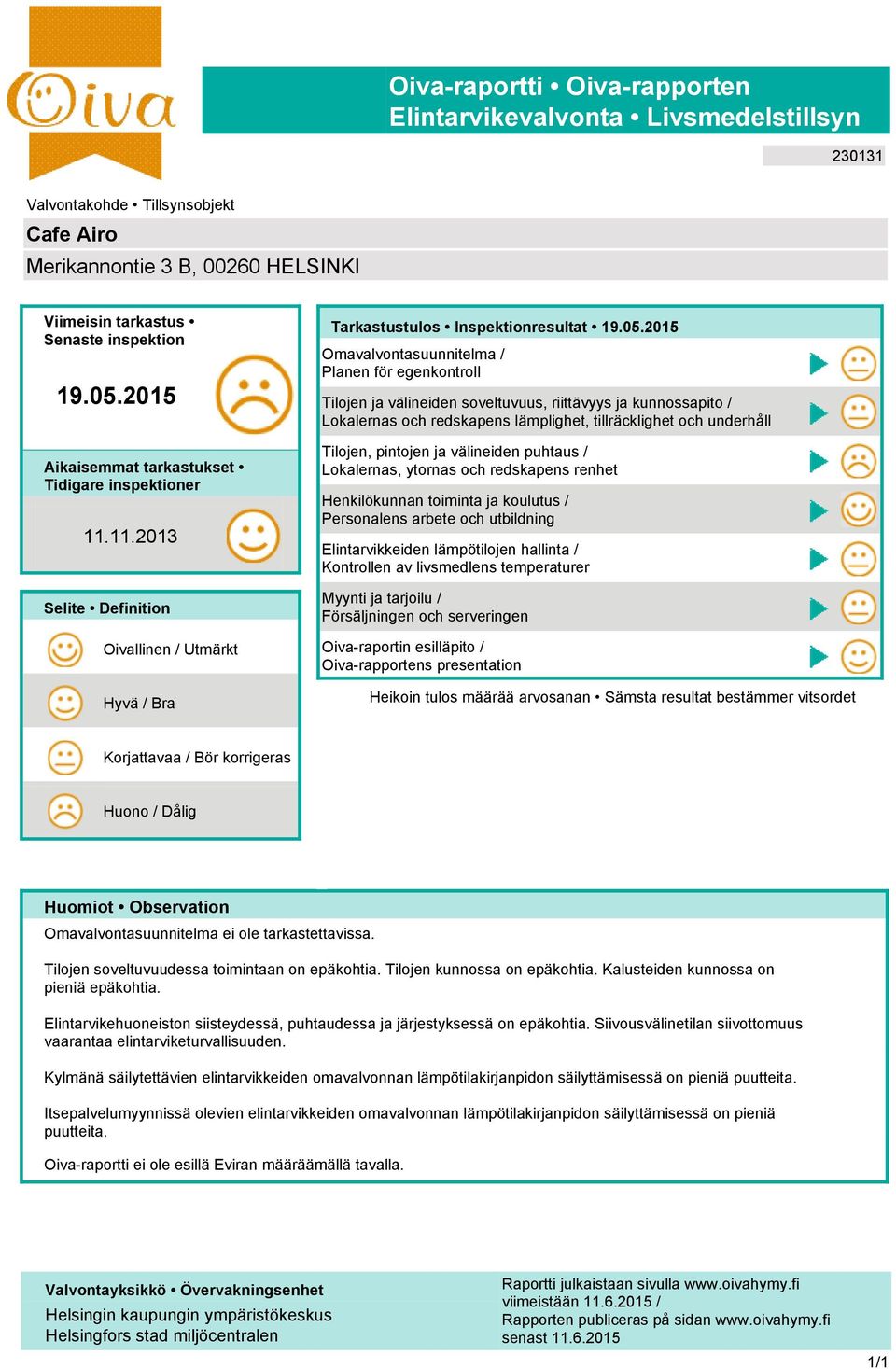 2015 Omavalvontasuunnitelma / Planen för egenkontroll Tilojen ja välineiden soveltuvuus, riittävyys ja kunnossapito / Lokalernas och redskapens lämplighet, tillräcklighet och underhåll Tilojen,