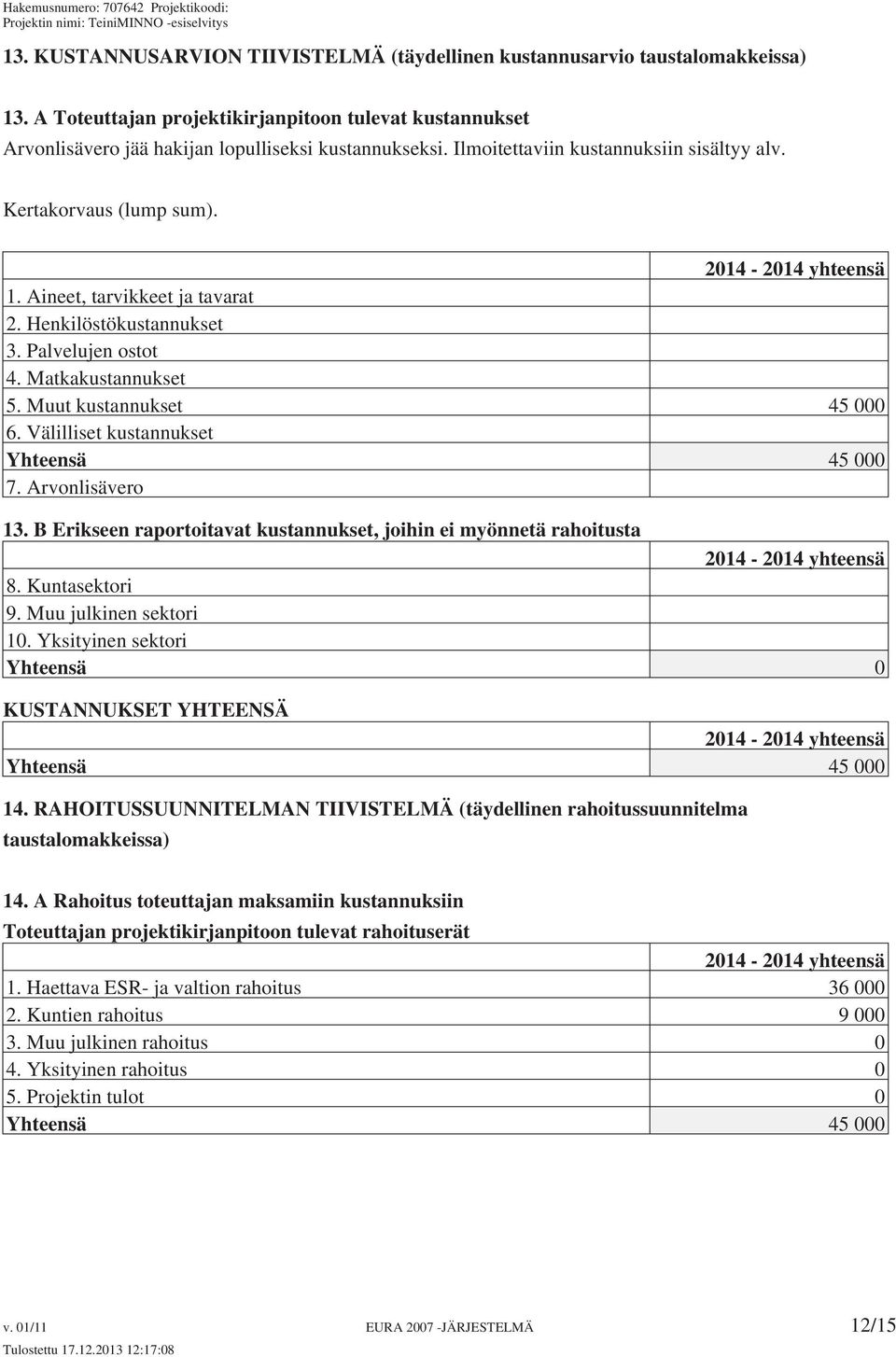 Muut kustannukset 45 000 6. Välilliset kustannukset Yhteensä 45 000 7. Arvonlisävero 13. B Erikseen raportoitavat kustannukset, joihin ei myönnetä rahoitusta 2014-2014 yhteensä 8. Kuntasektori 9.