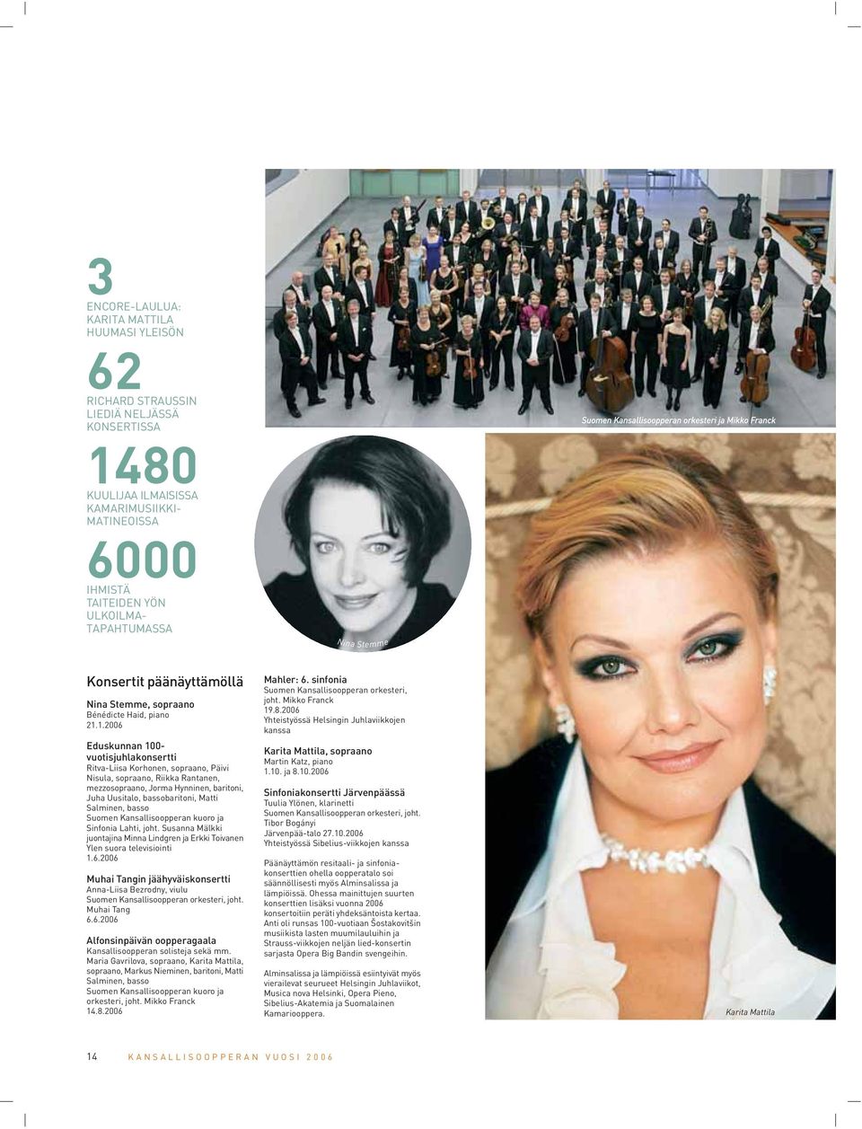 1.2006 Eduskunnan 100- vuotisjuhlakonsertti Ritva-Liisa Korhonen, sopraano, Päivi Nisula, sopraano, Riikka Rantanen, mezzosopraano, Jorma Hynninen, baritoni, Juha Uusitalo, bassobaritoni, Matti