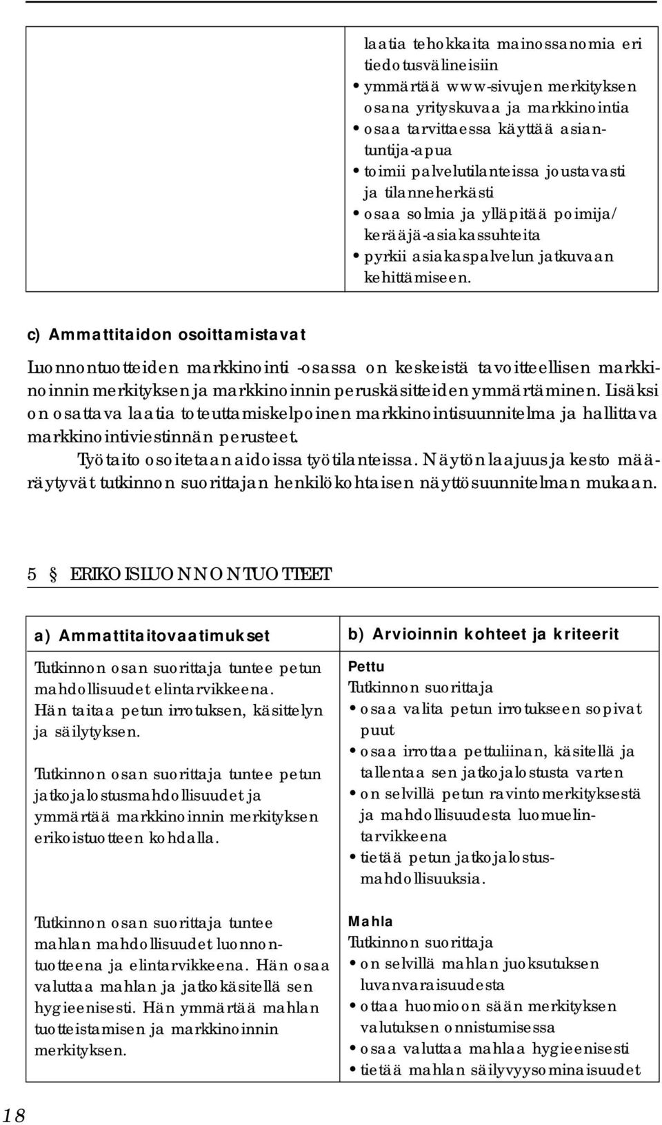 c) Ammattitaidon osoittamistavat Luonnontuotteiden markkinointi -osassa on keskeistä tavoitteellisen markkinoinnin merkityksen ja markkinoinnin peruskäsitteiden ymmärtäminen.