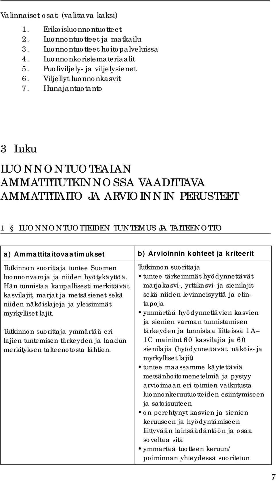 Hunajantuotanto 3 Luku LUONNONTUOTEALAN AMMATTITUTKINNOSSA VAADITTAVA AMMATTITAITO JA ARVIOINNIN PERUSTEET 1 LUONNONTUOTTEIDEN TUNTEMUS JA TALTEENOTTO a) Ammattitaitovaatimukset tuntee Suomen