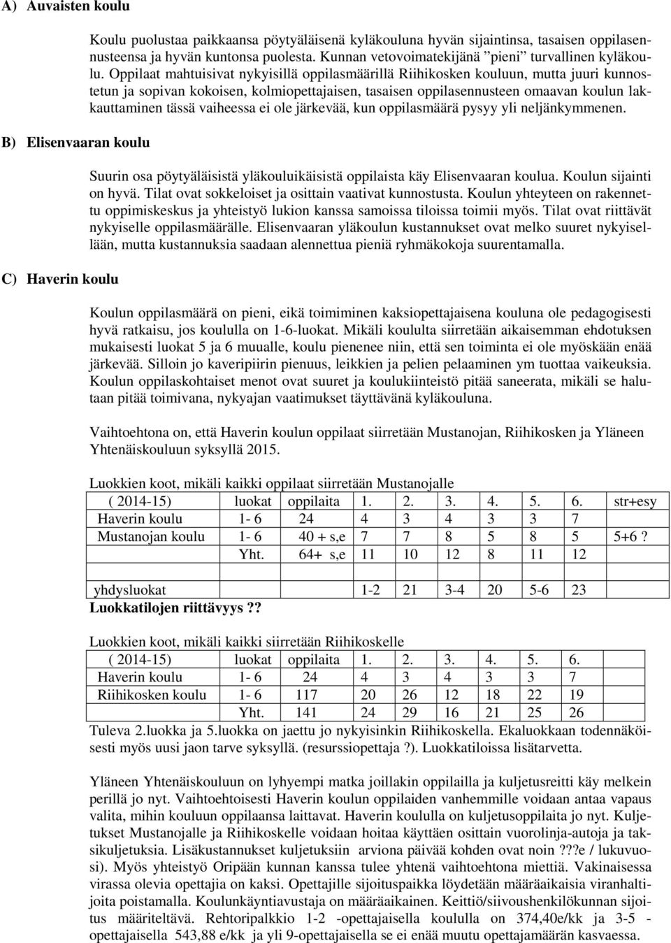 Oppilaat mahtuisivat nykyisillä oppilasmäärillä Riihikosken kouluun, mutta juuri kunnostetun ja sopivan kokoisen, kolmiopettajaisen, tasaisen oppilasennusteen omaavan koulun lakkauttaminen tässä