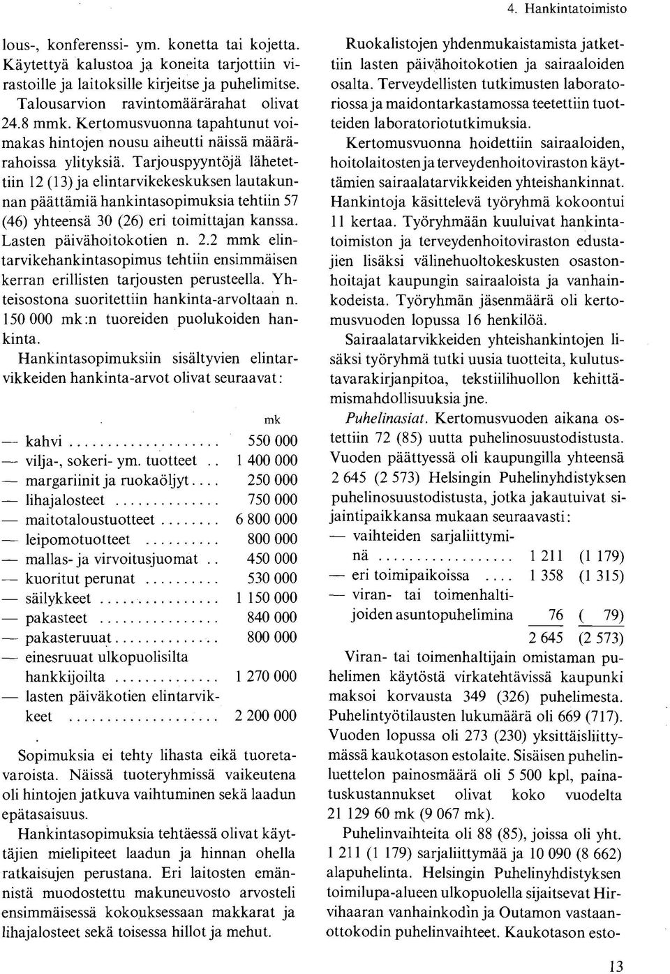 Tarjouspyyntöjä lähetettiin 12 (13) ja elintarvikekeskuksen lautakunnan päättämiä hankintasopimuksia tehtiin 57 (46) yhteensä 30 (26) eri toimittajan kanssa. Lasten päivähoitokotien n. 2.