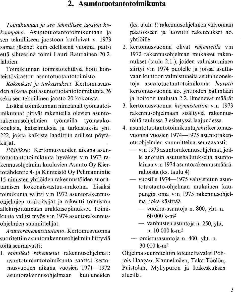 Kokoukset ja tarkastukset. Kertomusvuoden aikana piti asuntotuotantotoimikunta 26 sekä sen teknillinen jaosto 20 kokousta.