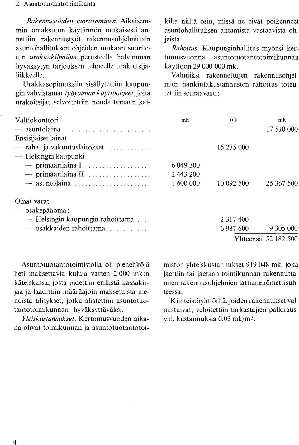 Aikaisemmin omaksutun käytännön mukaisesti annettiin rakennustyöt rakennusohjelmittain asuntohallituksen ohjeiden mukaan suoritetun urakkakilpailun perusteella halvimman hyväksytyn tarjouksen