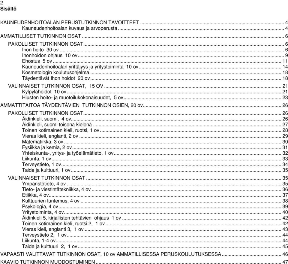 .. 18 VALINNAISET TUTKINNON OSAT, 15 OV... 21 Kylpylähoidot 10 ov... 21 Hiusten hoito- ja muotoilukokonaisuudet, 5 ov... 23 AMMATTITAITOA TÄYDENTÄVIEN TUTKINNON OSIEN, 20 ov.