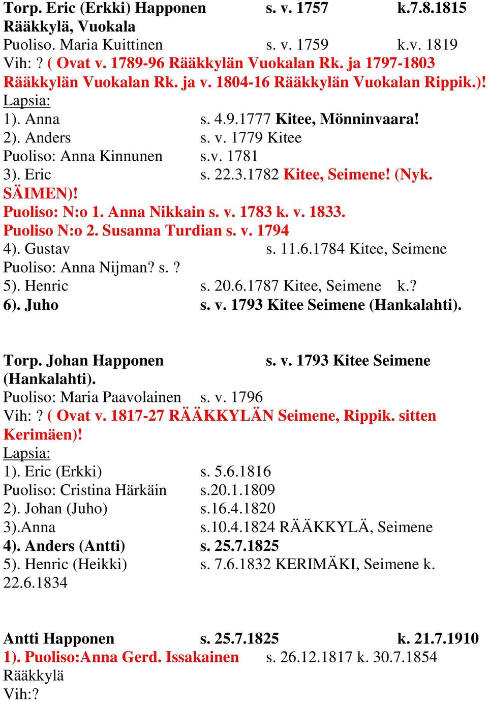 SÄIMEN)! Puoliso: N:o 1. Anna Nikkain s. v. 1783 k. v. 1833. Puoliso N:o 2. Susanna Turdian s. v. 1794 4). Gustav s. 11.6.1784 Kitee, Seimene Puoliso: Anna Nijman? s.? 5). Henric s. 20.6.1787 Kitee, Seimene k.