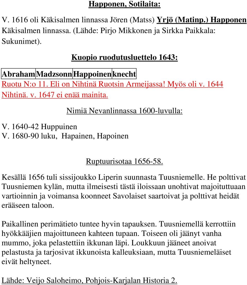 1640-42 Huppuinen V. 1680-90 luku, Hapainen, Hapoinen Ruptuurisotaa 1656-58. Kesällä 1656 tuli sissijoukko Liperin suunnasta Tuusniemelle.