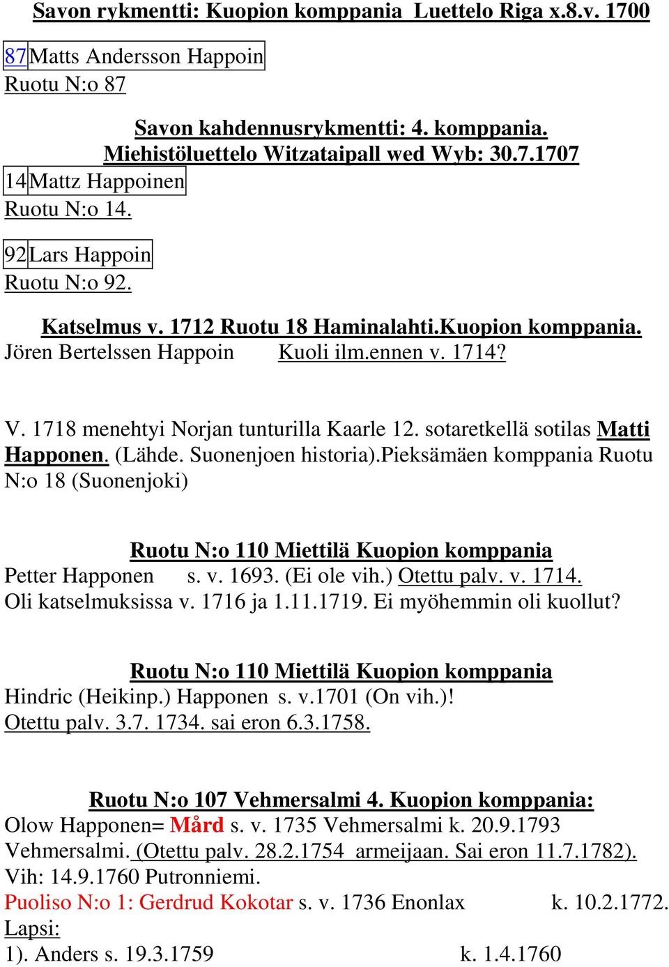 sotaretkellä sotilas Matti Happonen. (Lähde. Suonenjoen historia).pieksämäen komppania Ruotu N:o 18 (Suonenjoki) Ruotu N:o 110 Miettilä Kuopion komppania Petter Happonen s. v. 1693. (Ei ole vih.