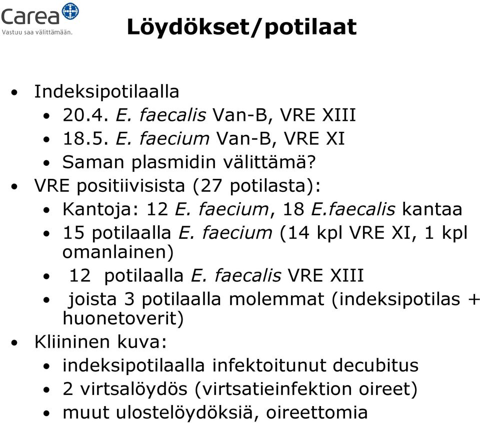 faecium (14 kpl VRE XI, 1 kpl omanlainen) 12 potilaalla E.