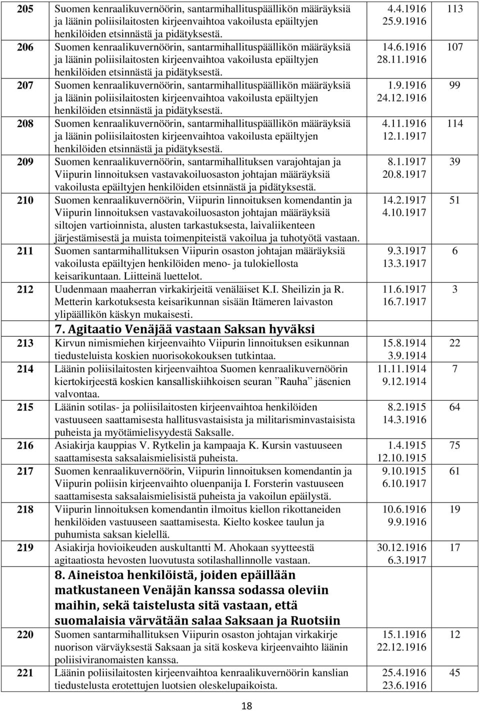 207 Suomen kenraalikuvernöörin, santarmihallituspäällikön määräyksiä ja läänin poliisilaitosten kirjeenvaihtoa vakoilusta epäiltyjen henkilöiden etsinnästä ja pidätyksestä.