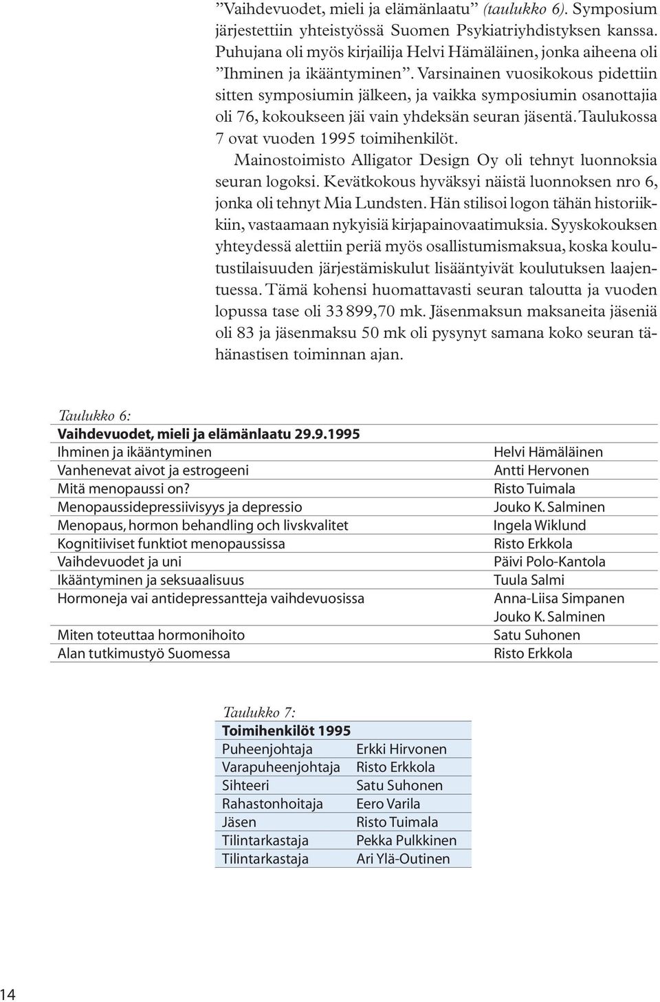 Varsinainen vuosikokous pidettiin sitten symposiumin jälkeen, ja vaikka symposiumin osanottajia oli 76, kokoukseen jäi vain yhdeksän seuran jäsentä. Taulukossa 7 ovat vuoden 1995 toimihenkilöt.