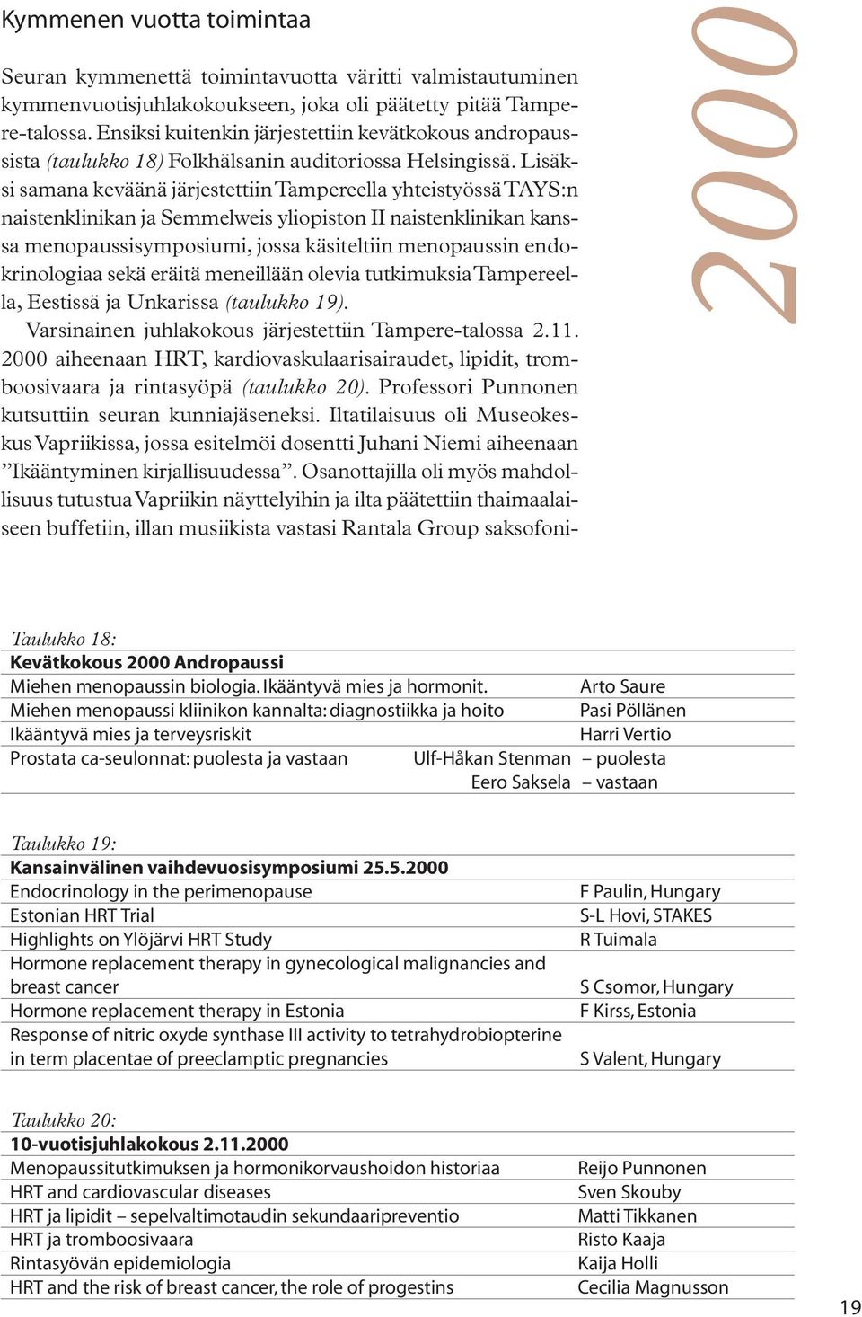 Lisäksi samana keväänä järjestettiin Tampereella yhteistyössä TAYS:n naistenklinikan ja Semmelweis yliopiston II naistenklinikan kanssa menopaussisymposiumi, jossa käsiteltiin menopaussin