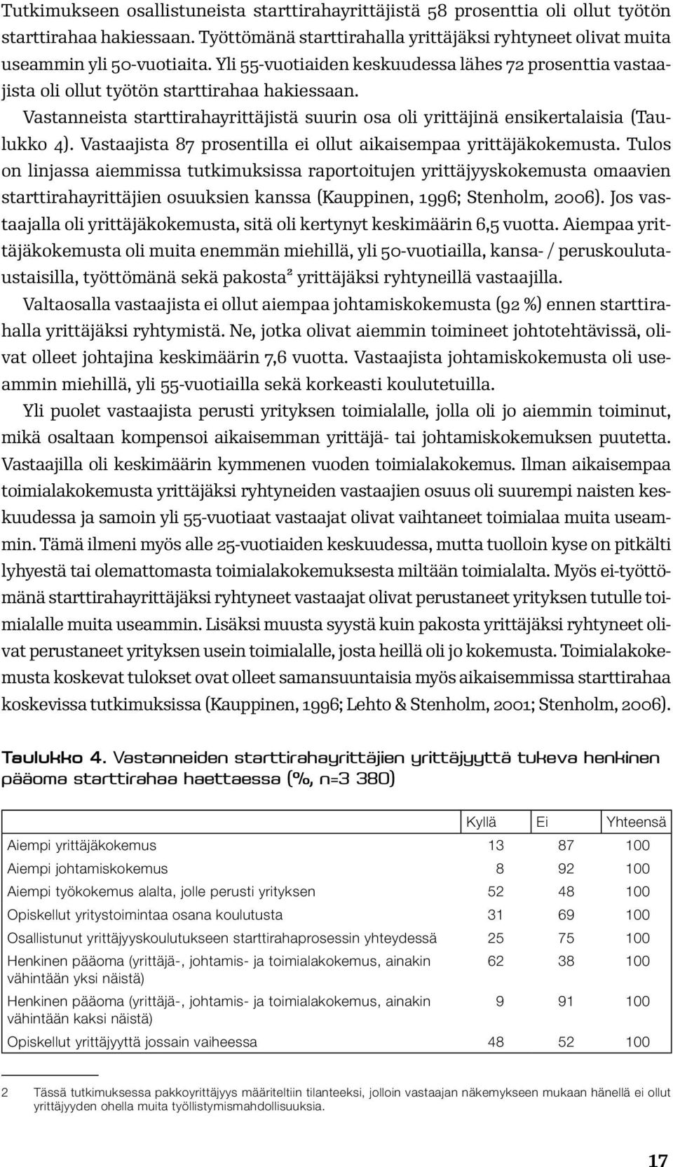 Vastaajista 87 prosentilla ei ollut aikaisempaa yrittäjäkokemusta.