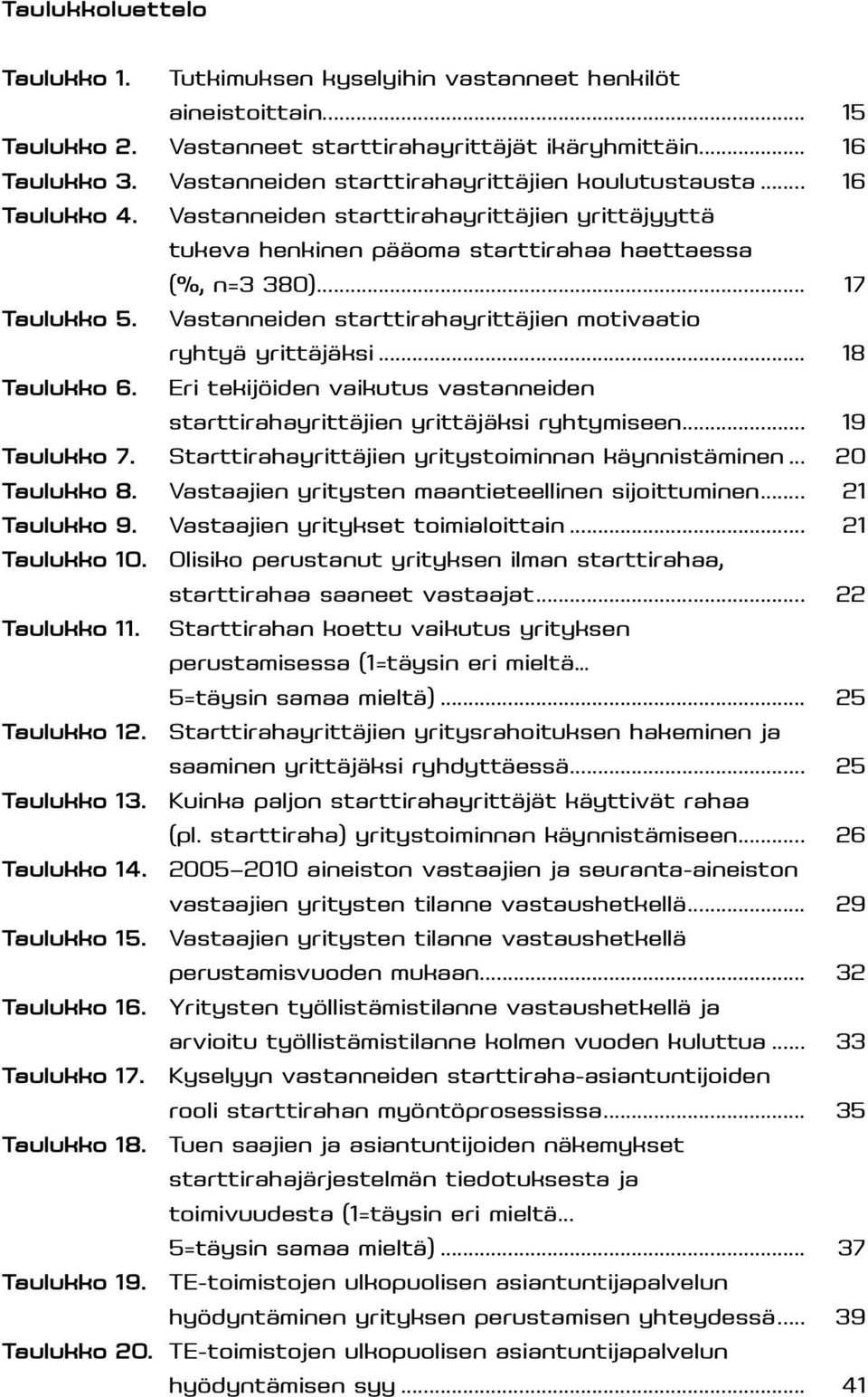 Vastanneiden starttirahayrittäjien motivaatio ryhtyä yrittäjäksi... 18 Taulukko 6. Eri tekijöiden vaikutus vastanneiden starttirahayrittäjien yrittäjäksi ryhtymiseen... 19 Taulukko 7.