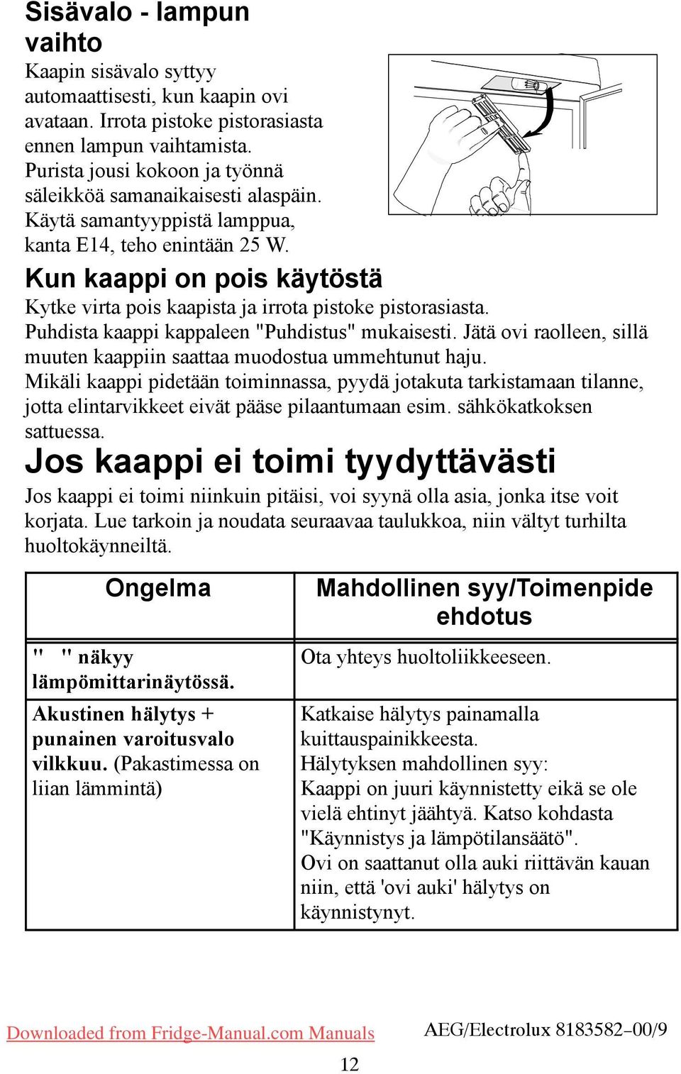 Kun kaappi on pois käytöstä Kytke virta pois kaapista ja irrota pistoke pistorasiasta. Puhdista kaappi kappaleen "Puhdistus" mukaisesti.